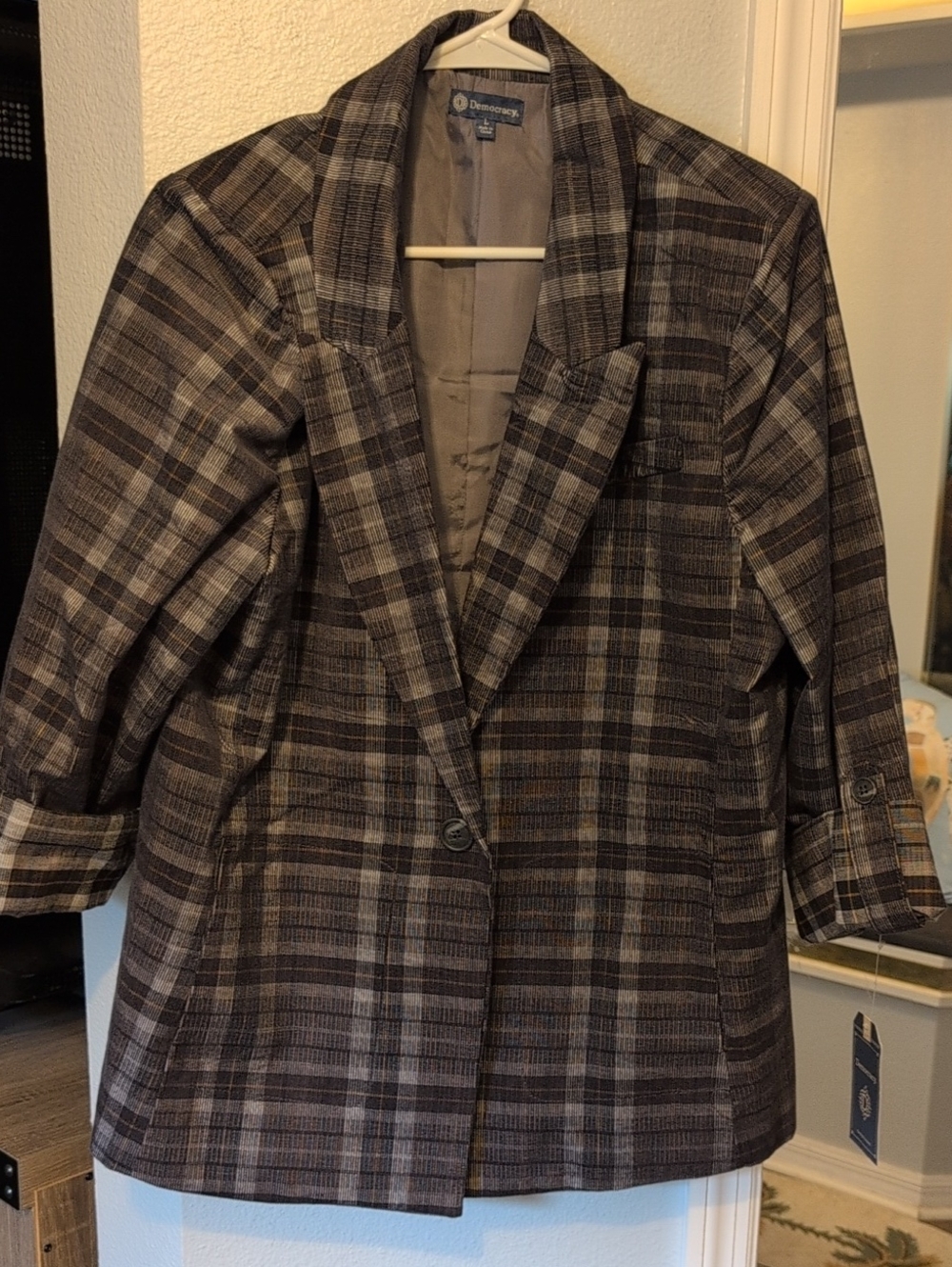 Democracy Plaid Single-Button Blazer in Black and Gray